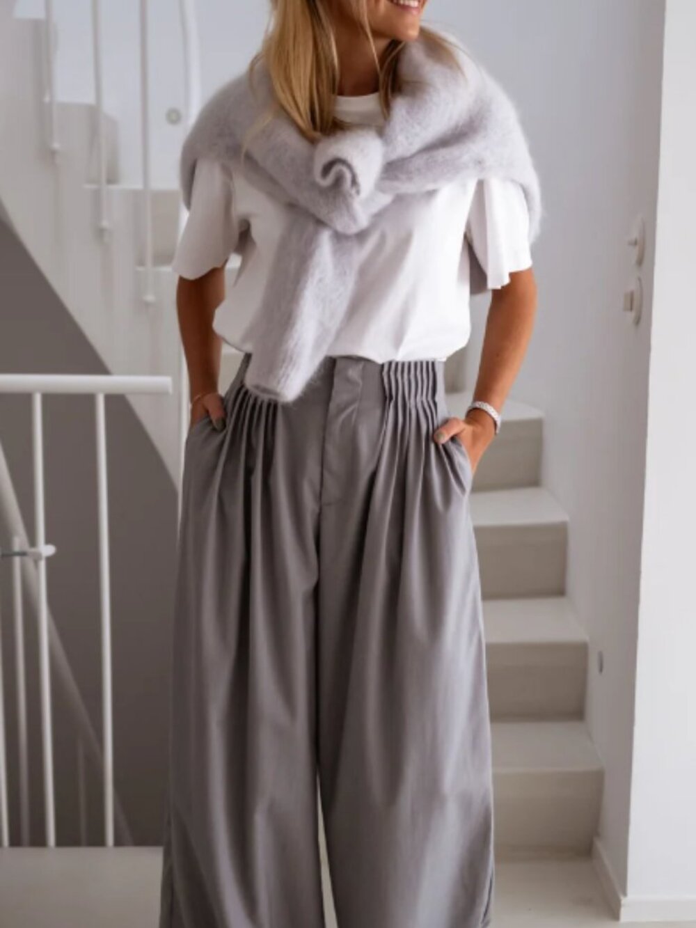 Easy Clothes Grey Deon Pants Large Women's Pleated Wide Leg Comfortable Pockets